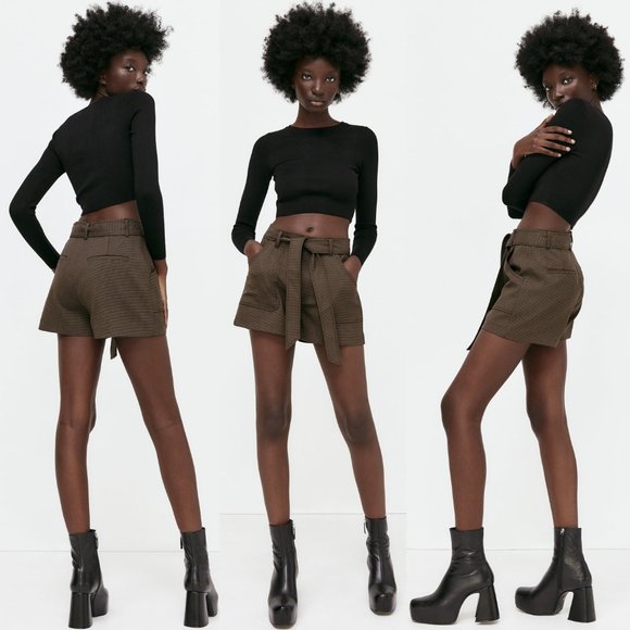 NEW Zara Houndstooth Checker Plaid High Waist Self Tie Belt Shorts Dark Brown S - Picture 4 of 10